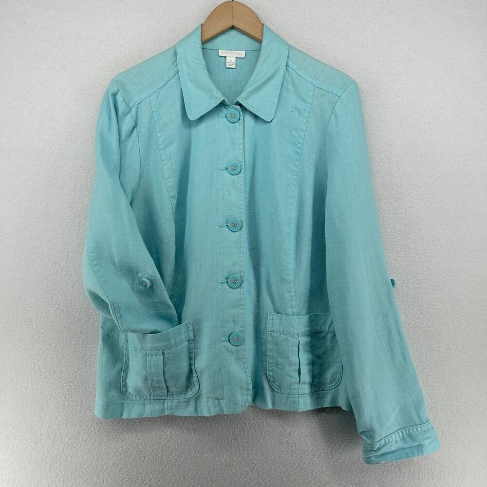 CHARTER CLUB Jacket XL Linen Button Up Shacket Utility Roll Tab Sleeve Aqua Blue